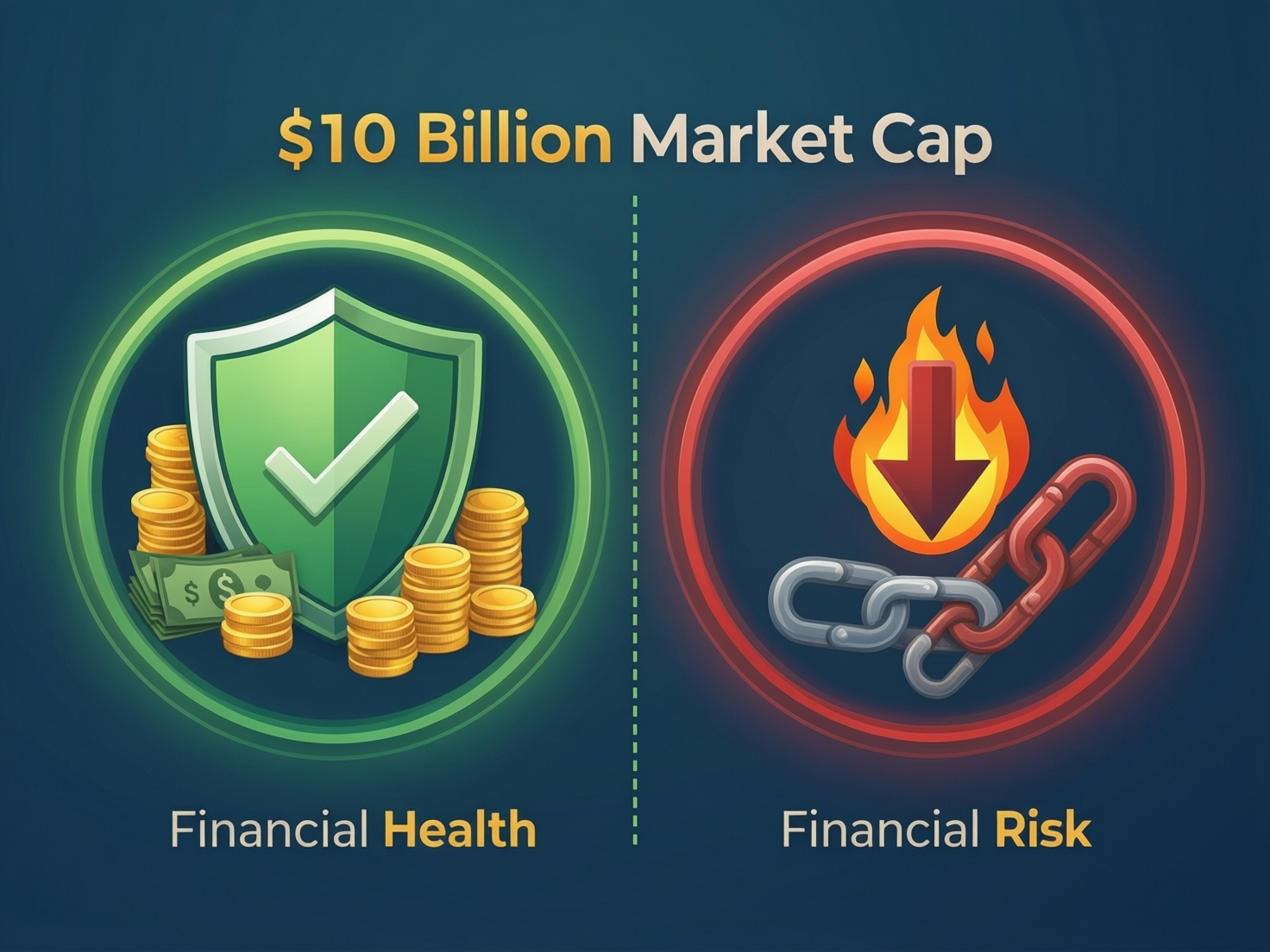 Two companies with identical market capitalisations shown side by side — one debt-free and cash-rich, the other loss-making and heavily indebted — illustrating that market cap measures size, not health.