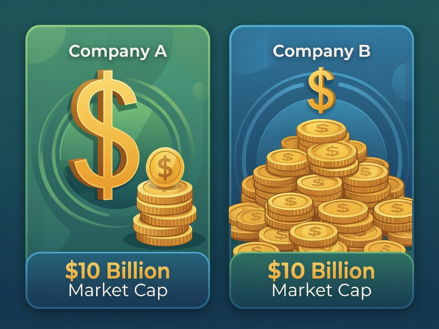 Two companies of equal total market value drawn side by side: one with few expensive shares, one with many cheap shares, showing that share price alone says nothing about company size.