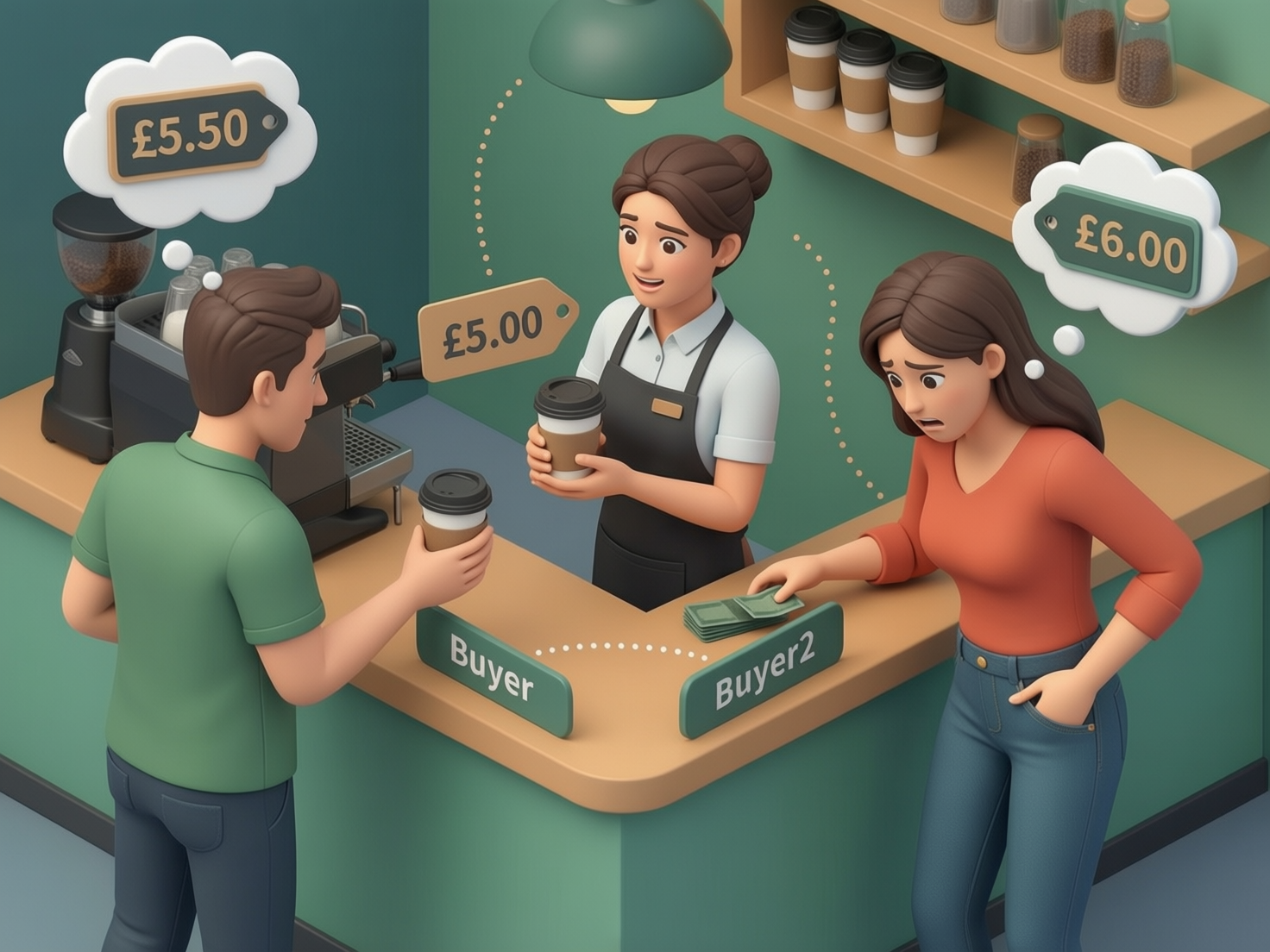 Two bidders and one seller meeting at a single agreed price, with the higher unspoken bids of other buyers shown greyed out and invisible to the transaction.