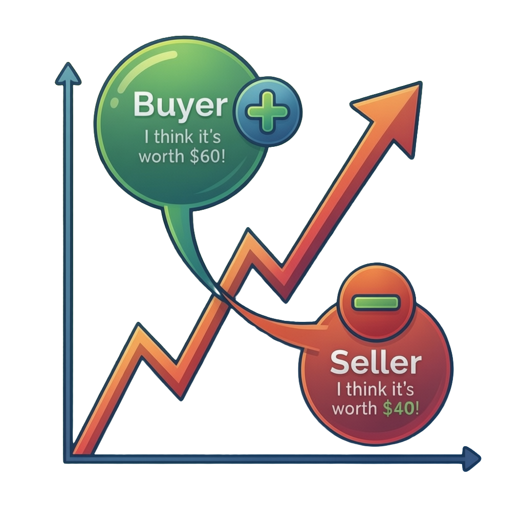 A buyer and a seller facing each other across the same price, each holding an opposite view of where it goes next — the disagreement that makes a trade possible.