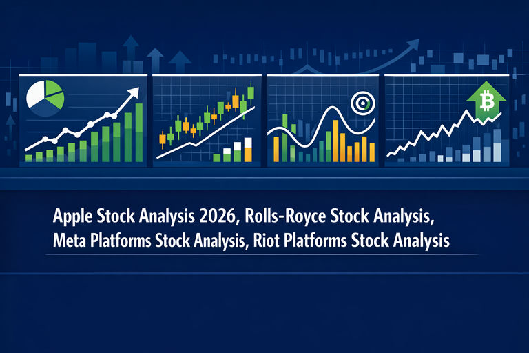 Professional financial illustration showing four stock analysis charts for Apple, Rolls-Royce, Meta Platforms, and Riot Platforms side by side on a clean dashboard