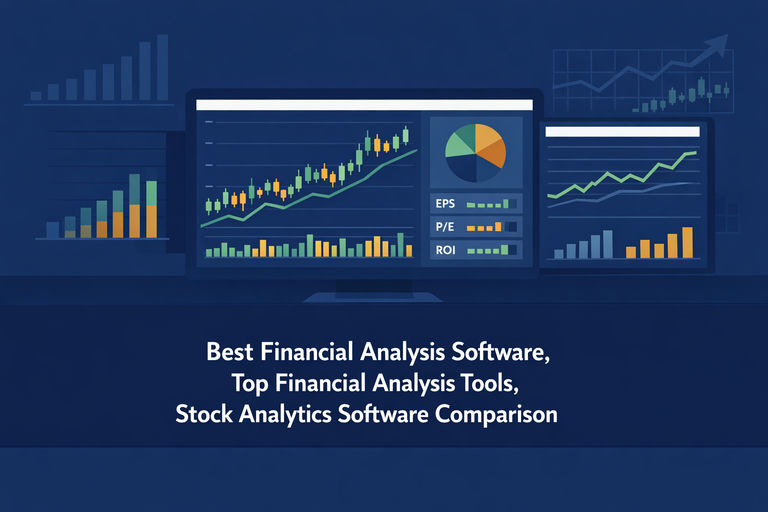 Professional illustration of a financial analysis software dashboard displaying stock charts, fundamental data metrics, and portfolio analytics side by side