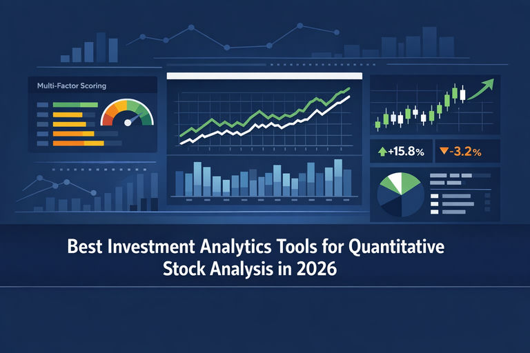 Professional illustration of a quantitative stock analysis dashboard displaying multi-factor scoring models, backtesting charts, and data-driven investment metrics on a clean digital interface