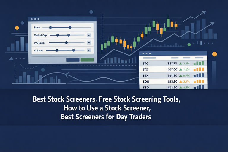 Professional illustration of a stock screener dashboard with filter controls, financial metrics, and a filtered list of stock results on a clean dark background