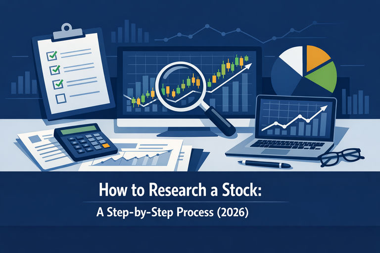 A professional illustration of a structured stock research workflow with financial charts, checklist steps, and data analysis tools on a clean desk